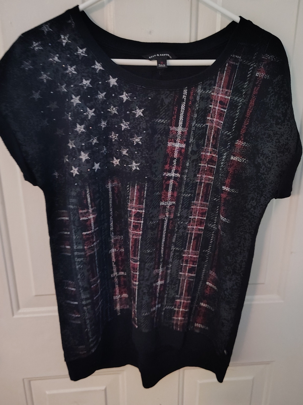 Rock & Republic Black Short Sleeve Tee with Flag & Red Plaid